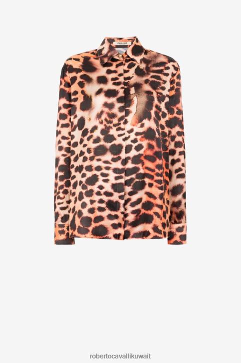 Roberto Cavalli نحيف رشيقة بلوزة حريرية بطبعة جلد الفهد ملابس 4H40H168