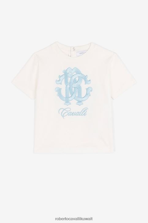 Roberto Cavalli أولاد أزرق تيشيرت قطن مطرز بشعار المونوغرام ملابس 4H40H1681