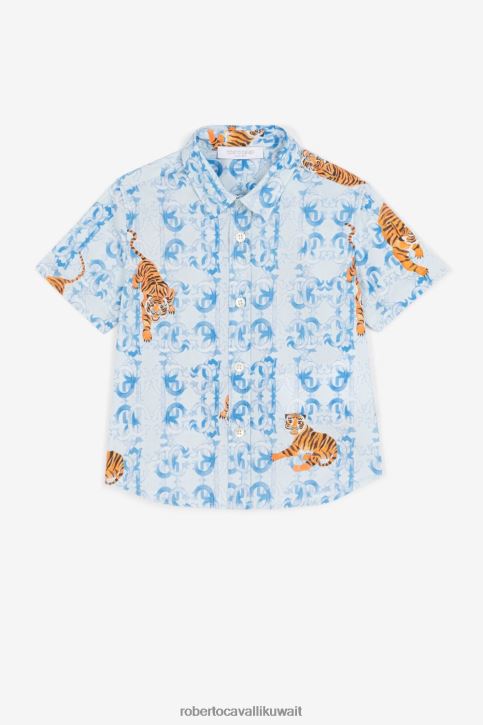 Roberto Cavalli أولاد ازرق فاتح قميص بطبعة شعار النمر وأكمام قصيرة ملابس 4H40H1686