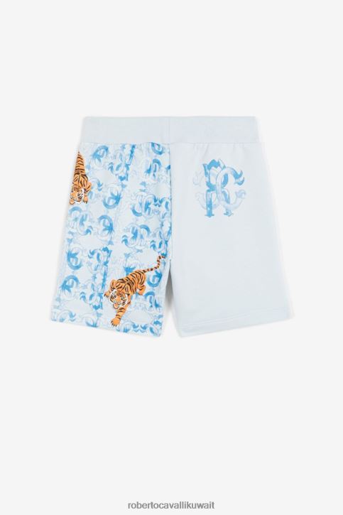 Roberto Cavalli أولاد ازرق فاتح قميص بطبعة شعار النمر وأكمام قصيرة ملابس 4H40H1686