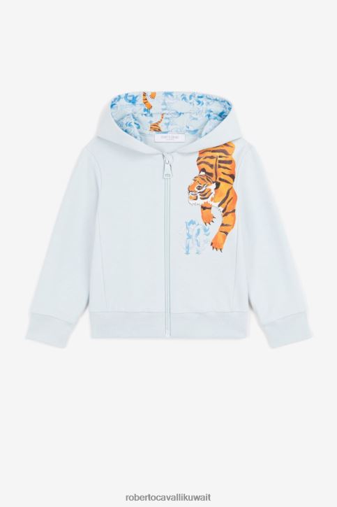 Roberto Cavalli أولاد ازرق فاتح هودي بسحاب وطبعة نمر ملابس 4H40H1688