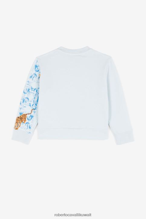Roberto Cavalli أولاد ازرق فاتح هودي بسحاب وطبعة نمر ملابس 4H40H1688