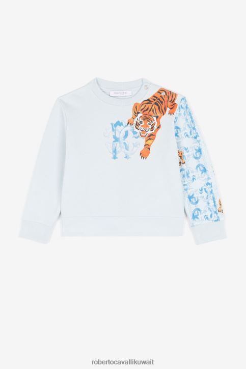 Roberto Cavalli أولاد ازرق فاتح سويت شيرت بطبعة النمر ملابس 4H40H1689