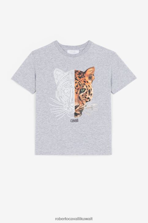 Roberto Cavalli أولاد مزيج رمادي غامق تيشيرت بطبعة جاكوار ملابس 4H40H1697