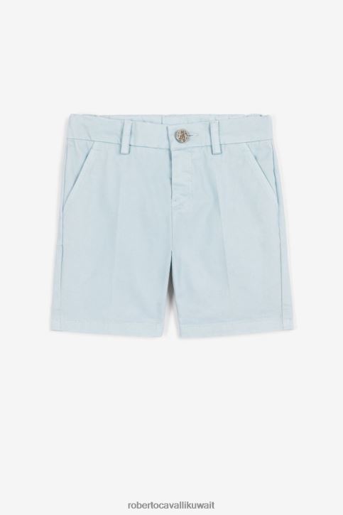 Roberto Cavalli أولاد ازرق فاتح شورت قطن مطرز بالشعار ملابس 4H40H1701