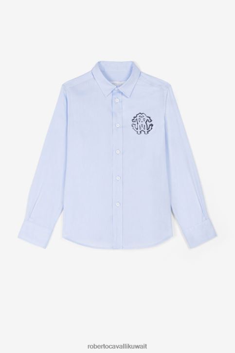 Roberto Cavalli أولاد أزرق فاتح قميص قطني مطرز بنقش مونوغرام ملابس 4H40H1702