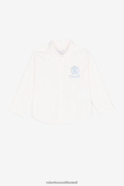 Roberto Cavalli أولاد البصرية الأبيض قميص قطن مطرز بالشعار ملابس 4H40H1703