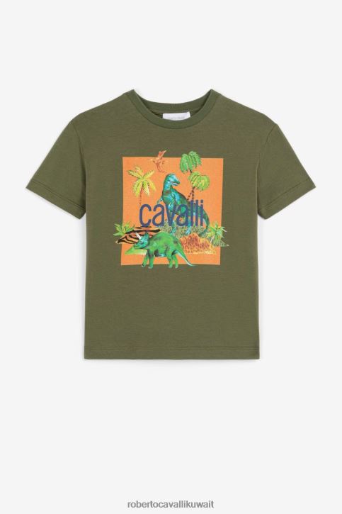 Roberto Cavalli أولاد الأخضر العسكري تيشيرت بطبعة ديناصور ملابس 4H40H1704