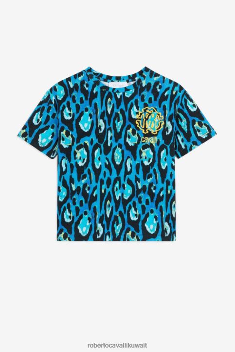 Roberto Cavalli أولاد أزرق تي شيرت بطبعة جلد الفهد ومطرز بالشعار ملابس 4H40H1708