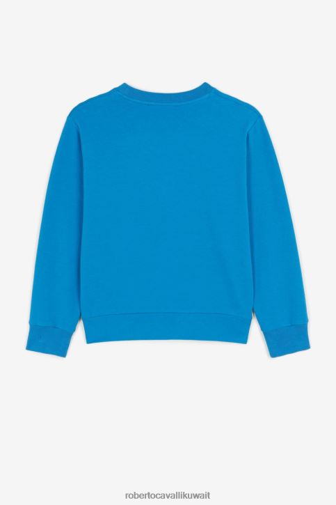 Roberto Cavalli أولاد أزرق تي شيرت بطبعة جلد الفهد ومطرز بالشعار ملابس 4H40H1708