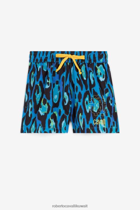 Roberto Cavalli أولاد أزرق شورت سباحة بطبعة جلد الفهد ملابس 4H40H1716