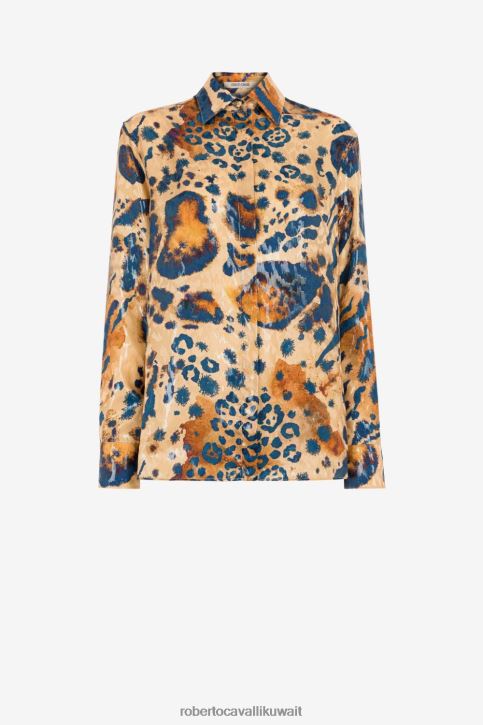 Roberto Cavalli نحيف موضة قميص مخفي بطبعة جلد الفهد ملابس 4H40H172