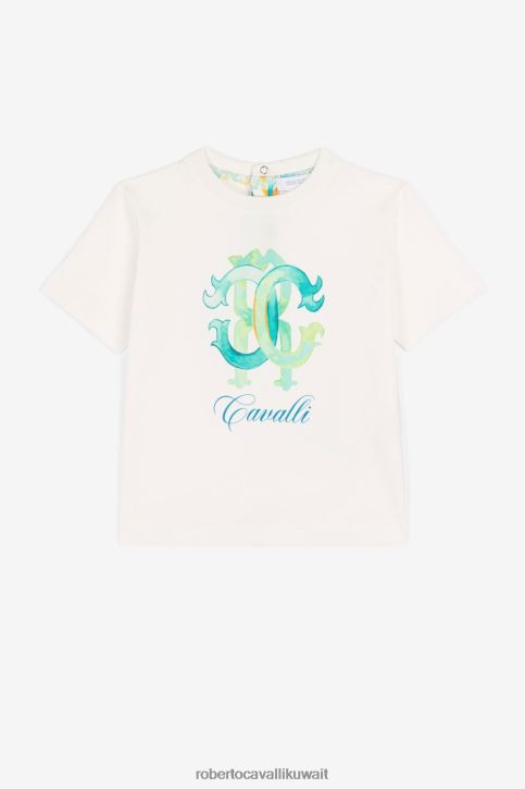 Roberto Cavalli أولاد أزرق تيشيرت قطن بطبعة شعار الماركة ملابس 4H40H1726