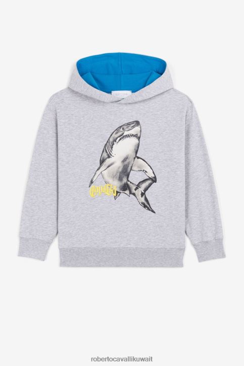 Roberto Cavalli أولاد مزيج رمادي غامق هودي بطبعة سمكة قرش وشعار منقوش ملابس 4H40H1728