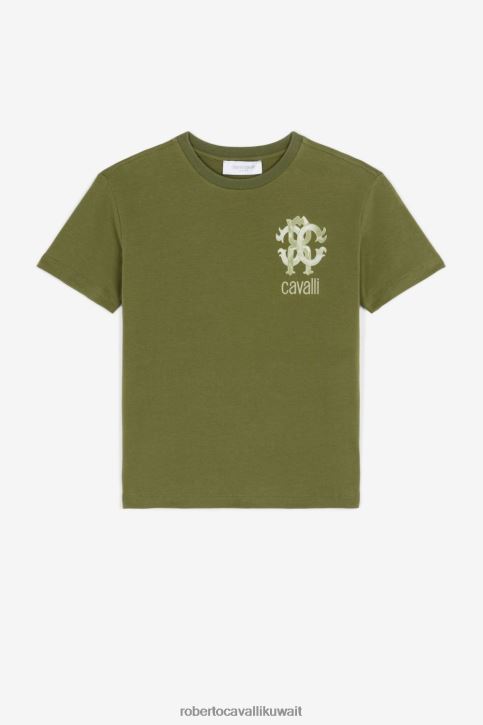 Roberto Cavalli أولاد الأخضر العسكري تيشيرت بأكمام قصيرة وطبعة شعار ملابس 4H40H1730