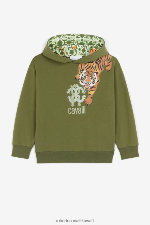 Roberto Cavalli أولاد الأخضر العسكري هودي بشعار النمر ملابس 4H40H1739