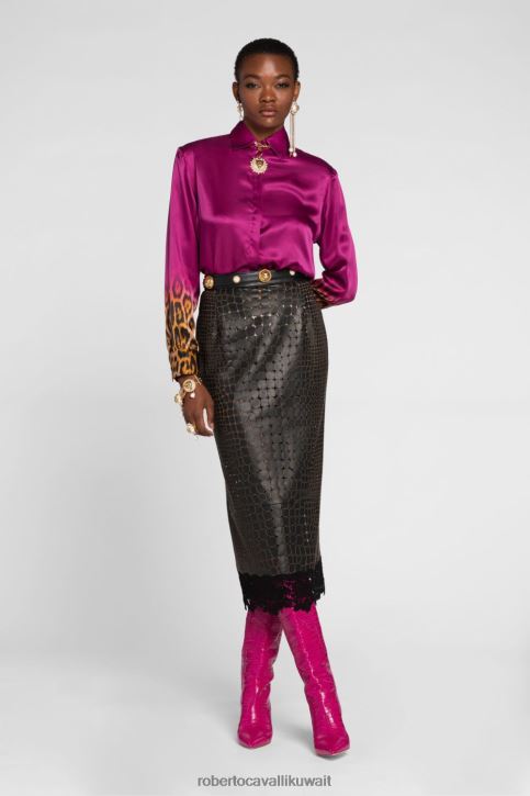 Roberto Cavalli نحيف موضة قميص طويل الأكمام بطبعة الفهد ملابس 4H40H173