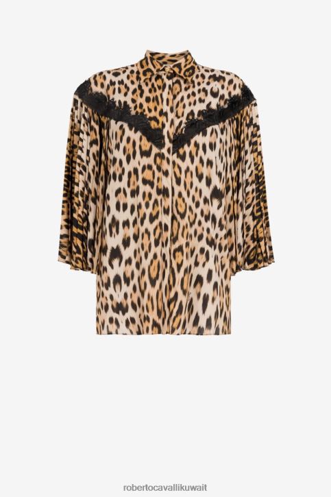 Roberto Cavalli نحيف أنيق قميص بطبعة جلد الفهد ومزين بالدانتيل ملابس 4H40H176