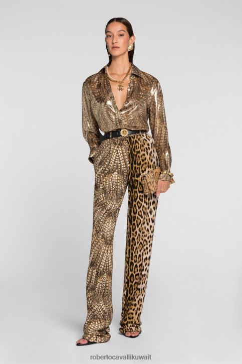 Roberto Cavalli نحيف أنيق قميص بطبعة جلد الفهد ومزين بالدانتيل ملابس 4H40H176