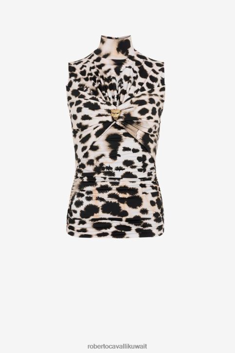 Roberto Cavalli نحيف موضة بلوزة بدون أكمام بطبعة جلد الفهد ملابس 4H40H178