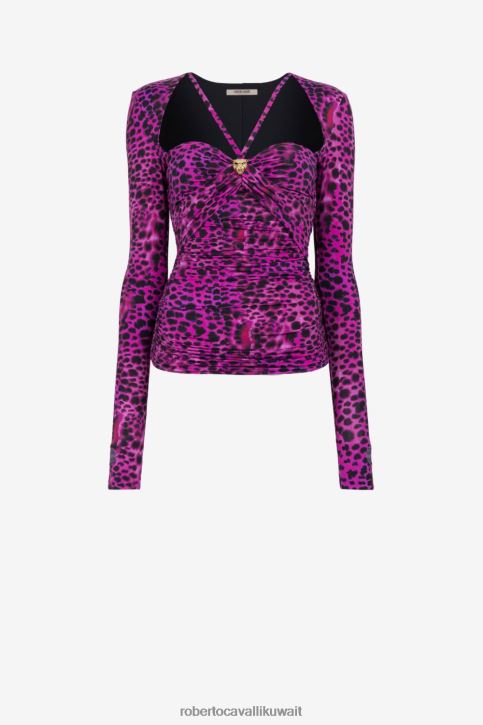 Roberto Cavalli نحيف رشيقة بلوزة بفتحات وطبعة جلد الفهد ملابس 4H40H183