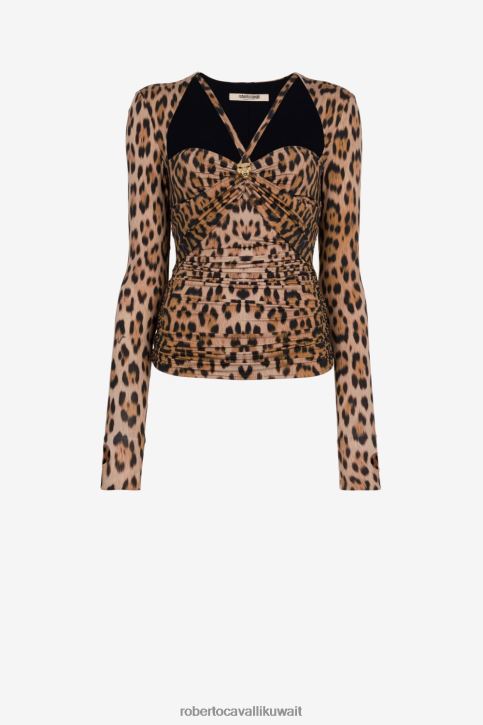 Roberto Cavalli نحيف أنيق بلوزة بأكمام طويلة وطبعات جاكوار ملابس 4H40H184