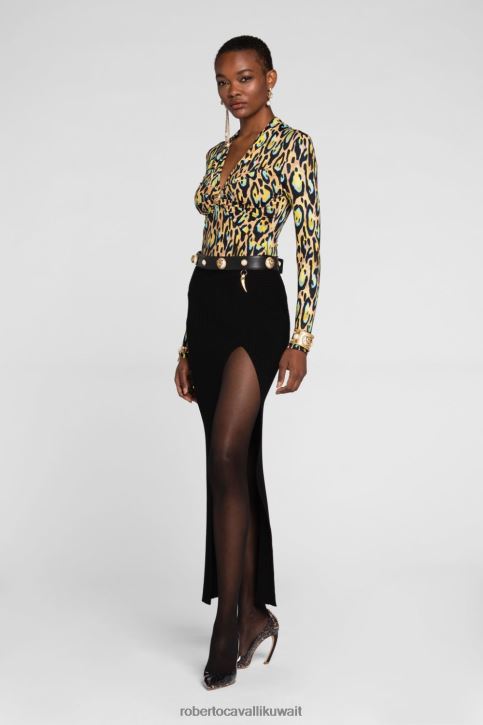 Roberto Cavalli نحيف أنيق بلوزة بأكمام طويلة وطبعات جاكوار ملابس 4H40H184