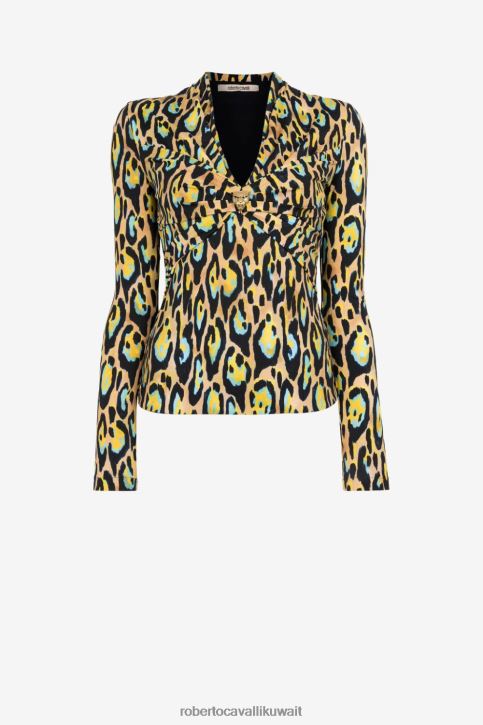 Roberto Cavalli نحيف موضة بلوزة مدموجة بطبعات جاكوار ملابس 4H40H185
