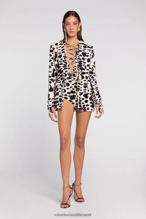 Roberto Cavalli نحيف موضة بلوزة مدموجة بطبعات جاكوار ملابس 4H40H185