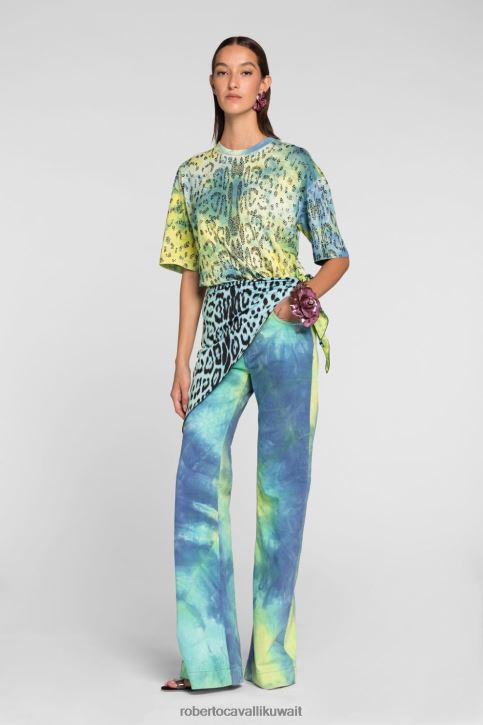 Roberto Cavalli نحيف رشيقة تيشيرت قطن بطبعة جاكوار ملابس 4H40H191