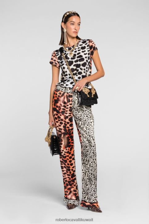 Roberto Cavalli نحيف أنيق تي شيرت ذو لونين بطبعة جلد الفهد ملابس 4H40H193