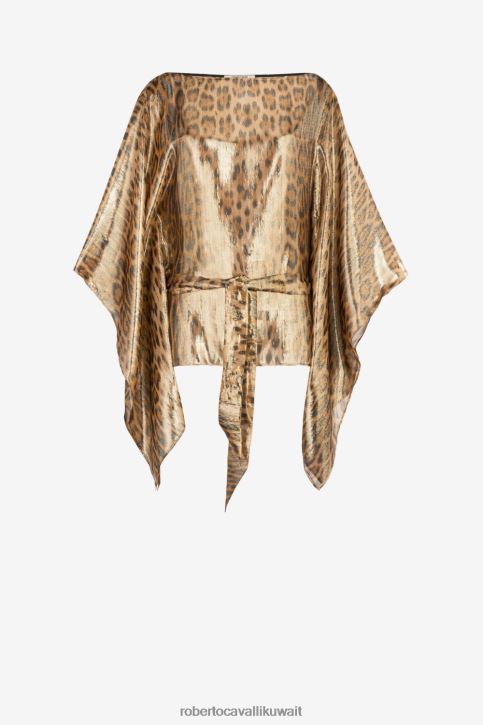 Roberto Cavalli نحيف موضة بلوزة بثنيات وطبعات جلد الفهد ملابس 4H40H205