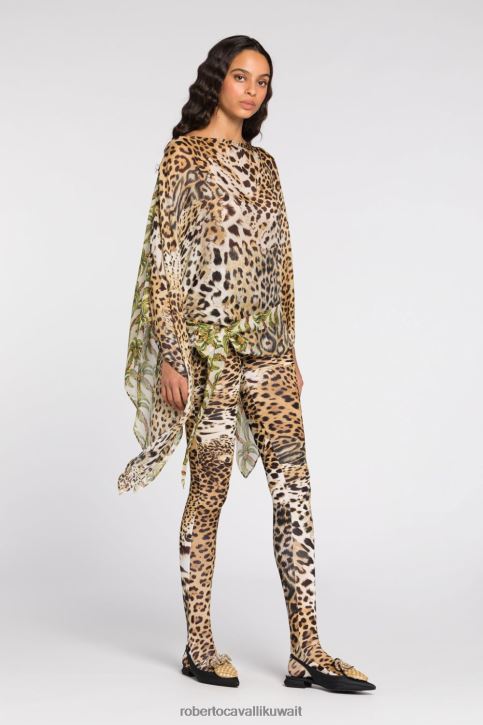 Roberto Cavalli نحيف موضة بلوزة بثنيات وطبعات جلد الفهد ملابس 4H40H205
