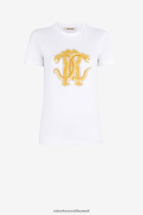 Roberto Cavalli نحيف البصرية الأبيض تيشيرت قطن بطبعة جلد الثعبان ملابس 4H40H214