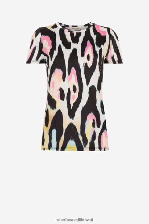 Roberto Cavalli نحيف موضة تيشيرت بأكمام قصيرة وطبعة جلد الفهد ملابس 4H40H215