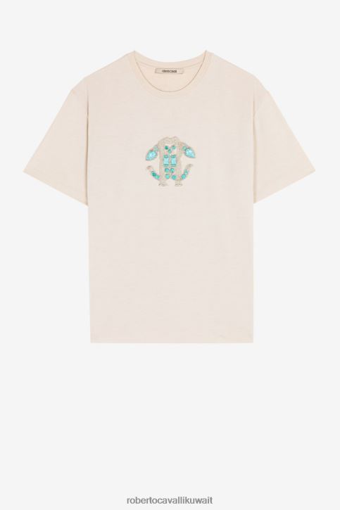 Roberto Cavalli نحيف عاج تيشيرت قطن بطبعة ثعبان مرآة ملابس 4H40H216