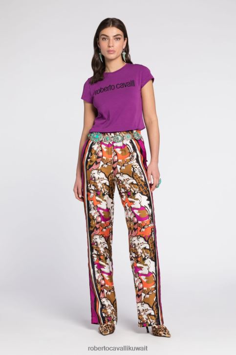 Roberto Cavalli نحيف عاج تيشيرت قطن بطبعة ثعبان مرآة ملابس 4H40H216