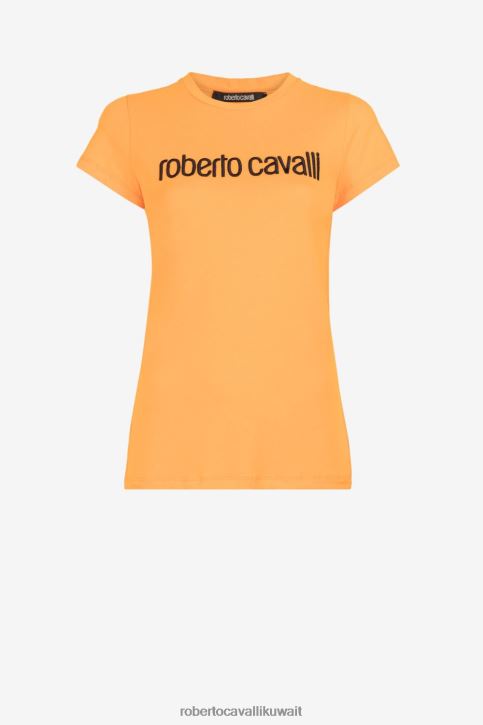 Roberto Cavalli نحيف لهب برتقالي تي شيرت مطرز بالشعار ملابس 4H40H218