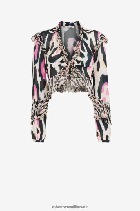 Roberto Cavalli نحيف رشيقة توب قصير مزين بكشكشة وطبعات جاكوار ملابس 4H40H219