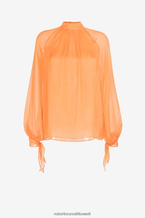 Roberto Cavalli نحيف لهب برتقالي بلوزة من الحرير شبه الشفاف ملابس 4H40H220