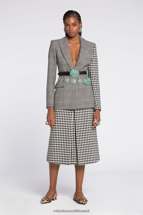 Roberto Cavalli نحيف أسود/أبيض تنورة قلم رصاص بنقش مربعات وجنجهام ملابس 4H40H222