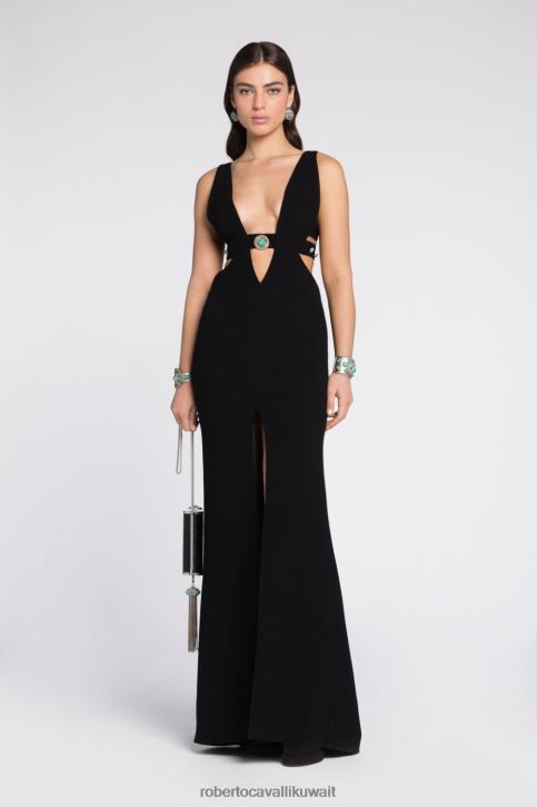 Roberto Cavalli نحيف أسود فستان ماكسي مزين بفتحات ملابس 4H40H22