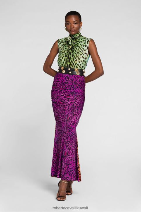 Roberto Cavalli نحيف موضة تنورة ماكسي بطبعة جلد الفهد ملابس 4H40H238