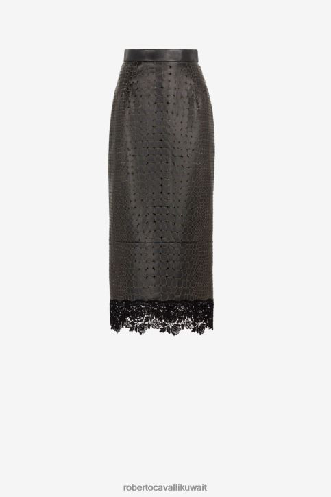 Roberto Cavalli نحيف أنيق تنورة جلدية بنمط حيواني وأطراف دانتيل ملابس 4H40H246