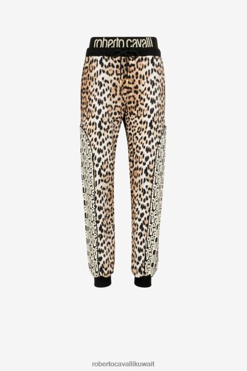 Roberto Cavalli نحيف متعدد الألوان بنطال رياضي من القطن بطبعة جلد الفهد والشعار ملابس 4H40H257