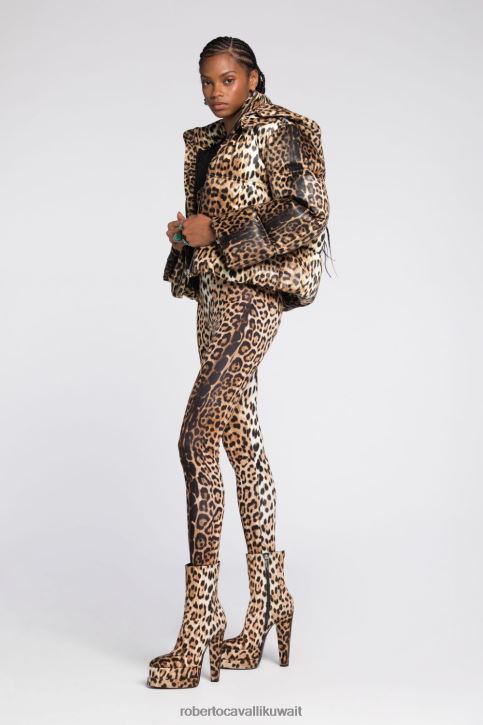 Roberto Cavalli نحيف متعدد الألوان بنطال رياضي من القطن بطبعة جلد الفهد والشعار ملابس 4H40H257