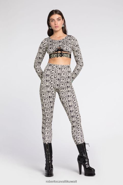 Roberto Cavalli نحيف العاج / الأسود بنطال رياضي بطبعة شعار الماركة ملابس 4H40H260