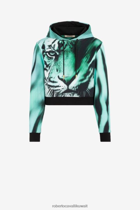 Roberto Cavalli نحيف حمام سباحة هودي قطن بطبعة نمر ملابس 4H40H308