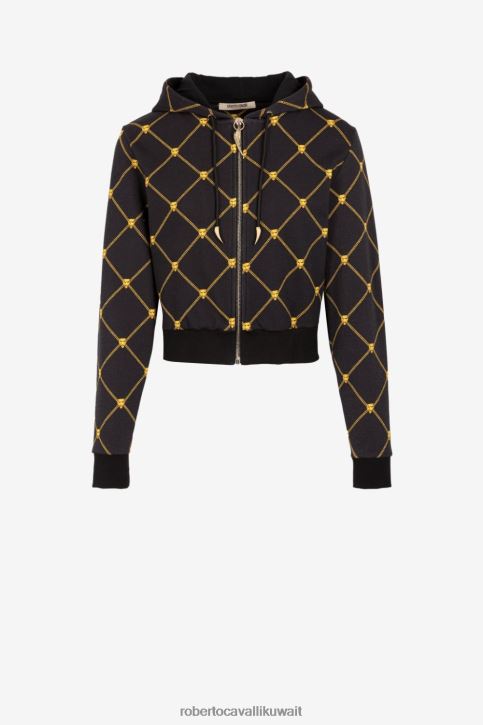 Roberto Cavalli نحيف أنيق هودي بسحاب ورأس النمر وطبعة سلسلة ملابس 4H40H309