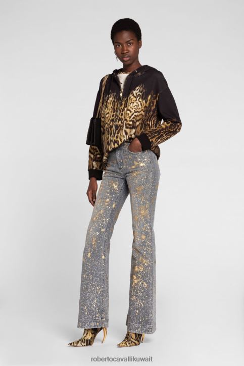 Roberto Cavalli نحيف أنيق هودي بسحاب ورأس النمر وطبعة سلسلة ملابس 4H40H309